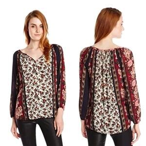 Lucky Brand Women’s Sz M Floral Blouse Top Artsy Print Boho Peasant Shirt Hippie